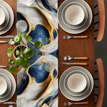 Navy Blue & Gold Tablecloth, Marble Modern Abstract Gradient Grey Canvas Tablecloth For Kitchen, Dining Table, Dressing Table, Party, Wedding