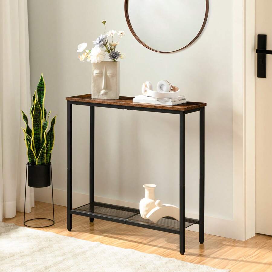 Narrow Console Table With Storage Shelves, 75 X 24 X 75 Cm Side Table, Hall Table, Exhibition Table, Sofa Table, For Entrance, Hallway, Vintage Brown-Black - 棕色 - 查看 1