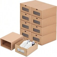Caja de cartón para zapatos con ventana transparente, resistente al agua y apilable con tapa, bolsa de almacenamiento de cartón para zapatos, calcetines, papelería, juguetes y ropa interior - Marrón - Ver 1