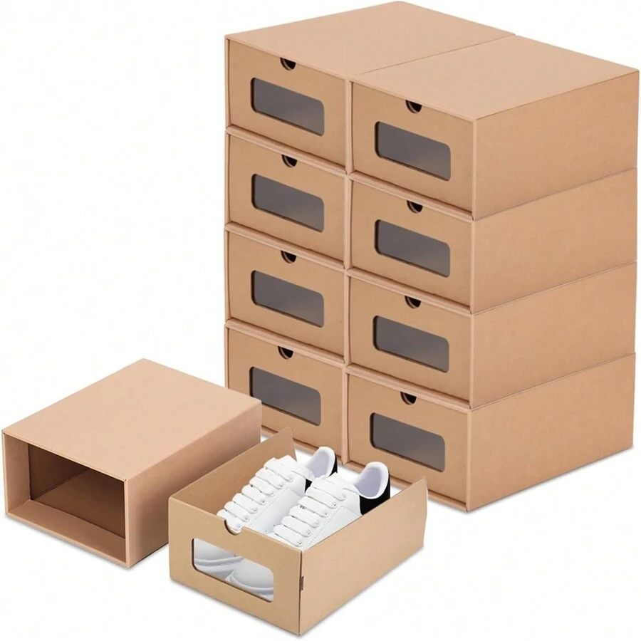 Caja de cartón para zapatos con ventana transparente, resistente al agua y apilable con tapa, bolsa de almacenamiento de cartón para zapatos, calcetines, papelería, juguetes y ropa interior - Marrón - Ver 1