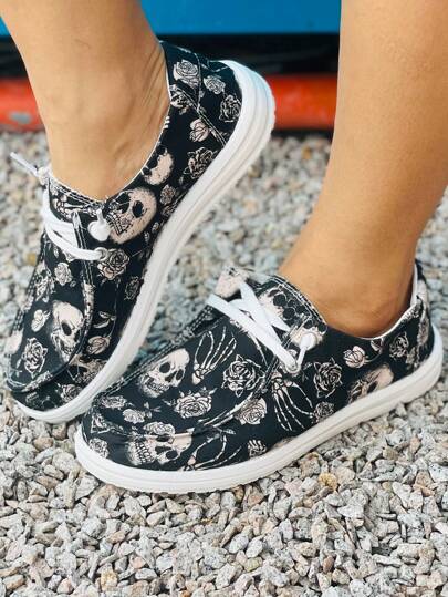 Women's Halloween Outdoor Sports Shoes, Black Ghost Skeleton Rose New Fashion Casual Slip-On Flat Shoes, Comfortable Minimalist Round Toe Lightweight Casual Student Sports Shoes