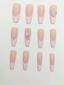 24pcs Pink & White French 3D Rhinestone Ballerina Nails, Gel + Nail File - Red and White - View 2