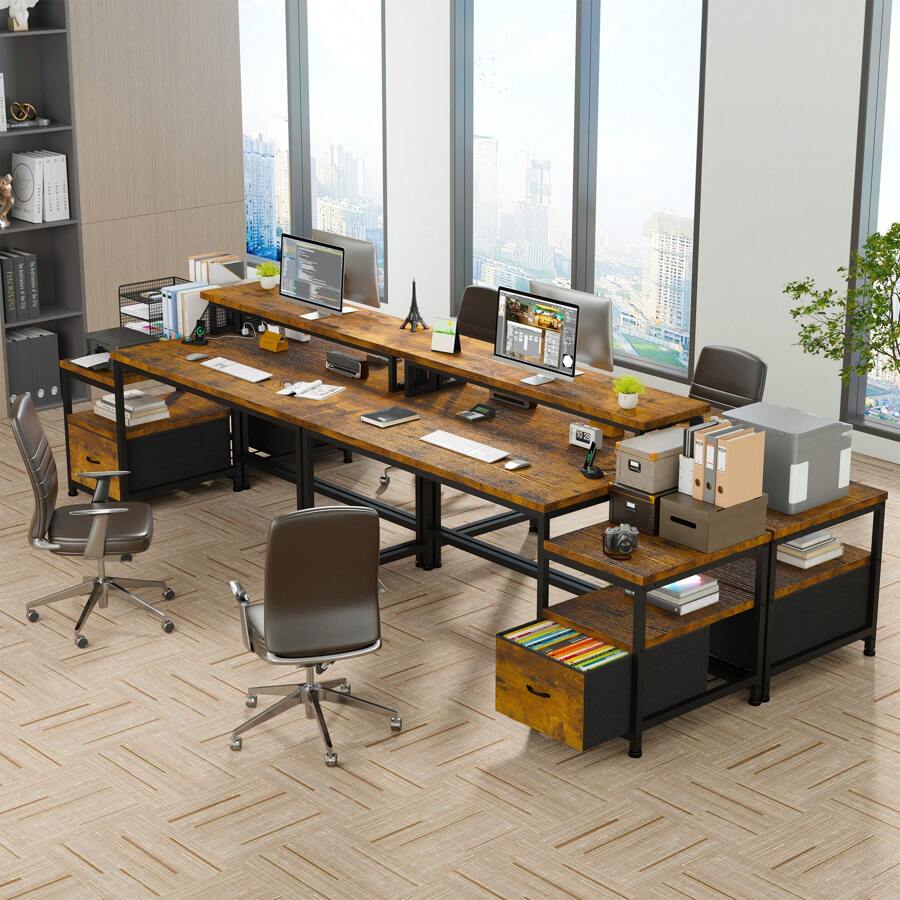 EnHomee 56.5" Computer Desk With File Drawers Cabinet, Study Writing Gaming Desk With Power Outlets, Home Office Desk With Shelves Monitor Stand, Work Table With Printer Space