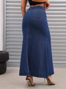 Women's Denim Skirt, Casual Mid-Length Style, Washed - Dark Wash - View 3