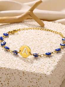 1PC Lucky Blue Evil Eye Letters Bracelets For Women Girl Gold Color Stainless Steel Hollow Initials Round Bracelet Women Amulet Aesthetic Jewelry Gift