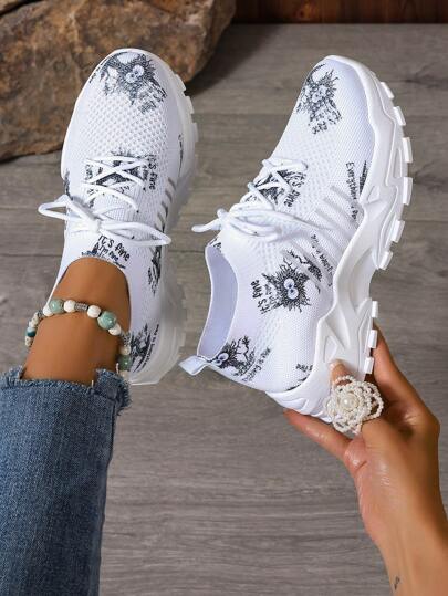 Lässig Sneakers für Frauen mit Cartoon-Muster, atmungsaktive fliegende gewebte Schnür-Plateauschuhe, leichte und bequeme Low-Top-Laufschuhe aus Mesh