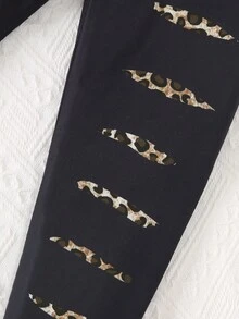 Young Girls Leopard Patchwork Hooded Long Sleeve Sweatshirt And Pants Set - Hot Pink - View 5