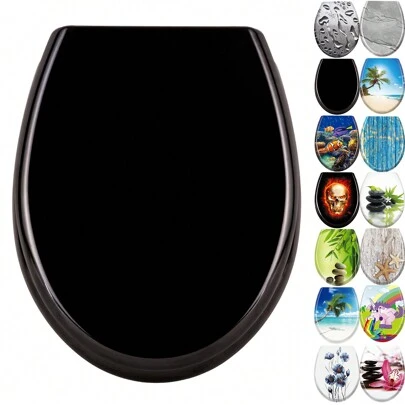 LILIIN 45 X 38cm Black Pattern Toilet Lid WC Seat With Soft Close Made Of Duroplast And Stainless Steel, Antistatic Antibacterial Easy To Clean Removable For Most Toilet Lids Wall Hung WC
