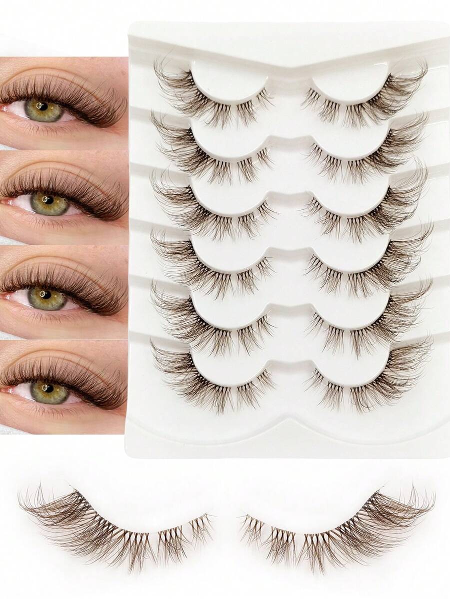 Rikuaild 6 Pairs Natural Soft Brown Lashes Winged End Eye Elongated False Lashes Crisscross Curl Wispy Clear Band Eyelashes Dramatic Look Cat Eye Effect Faux Mink Lashes - 眼尾拉長款 - 查看 1