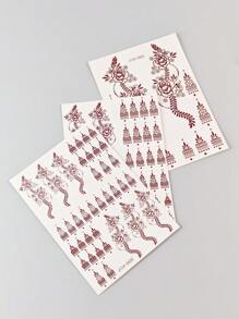 3片精美梅亨迪設計花紋紋身貼紙，S、M、L 3種尺寸，防水花紋紋身貼紙手部女士婚禮派對必備 - 棕色 - 查看 2