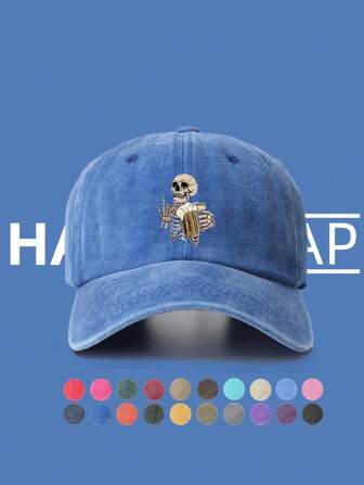 1pc Unisex Skull Baseball Cap, Korean Spring & Autumn Vintage Water Wash Baseball Cap, Outdoor UV-Proof Sun Hat For Hiking/Photography