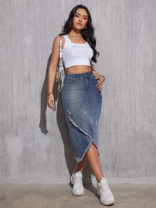 Gonna midi in denim da donna con elegante frangia e finitura lavata alla moda