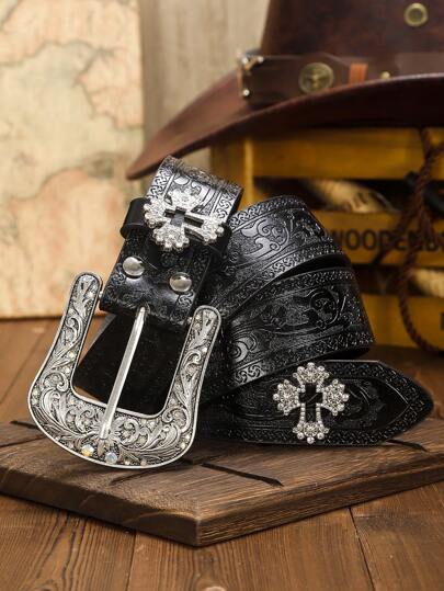 1件装时尚压花花纹PU皮革复古哥特风Y2K十字装饰合金花朵十字扣水钻牛仔复古腰带，适合男士、青少年，可用于派对、舞会、闪亮装饰、郊游、日常休闲外出、夏季、学校休闲、商务、男友、丈夫、父亲等场合，也是送给男士的礼物，适合日常穿着、时尚、青少年、户外、度假、运动等场合。
