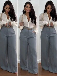 Calça Pantalona Alfaiataria Anastácia Feminino Cintura Alta Com Bolso