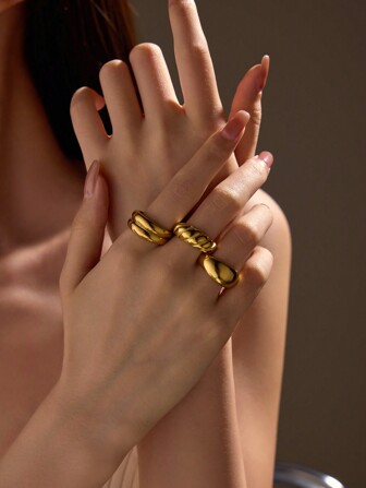 3pcs Stainless Steel Golden Yellow, Stylish And Simple, 3 Different Shapes Of Cast Ring Sets, Suitable For Daily Wear Or Gift Giving