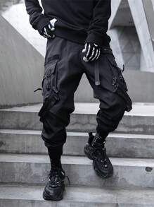 Men's Black Paratrooper Multi Pockets Pants Techwear Streetwear Polyester Blend Strapped Joggers - 黑色 - 查看 5