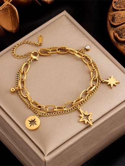 1 pièce Bracelet à double couche en acier inoxydable creux avec six étoiles à strass et design vintage de niche européen et américain haut de gamme à la mode pour femmes, convient pour un port quotidien