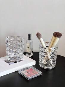 1pc/2pcs Transparent Makeup Brush Holder Storage Box, Elegant Diamond Pattern Water Cup Bathroom Toothbrush & Toothpaste Organizer,For Holiday Beach, Bathroom Collection, Bedroom Collection, Large Capacity