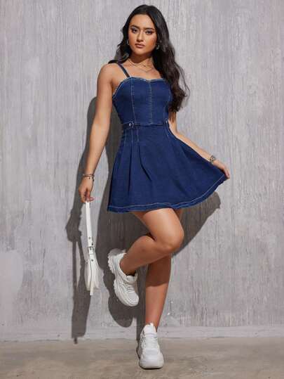 Robe en jean décontractée à bretelles élastiques et coupe évasée pour les femmes, Printemps/Été/Automne