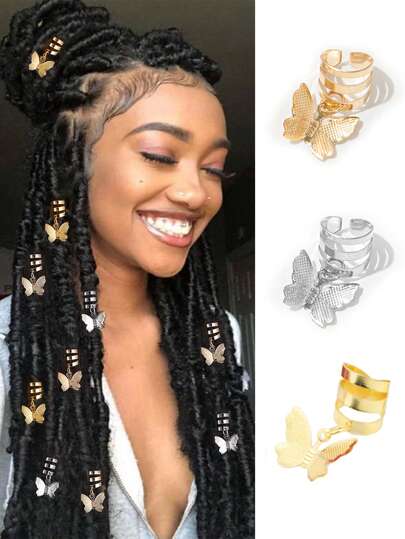 20 piezas de anillos de pelo trenzado con mariposa y borla, puño de cabello ajustable de aleación para mujeres, adecuado para uso diario