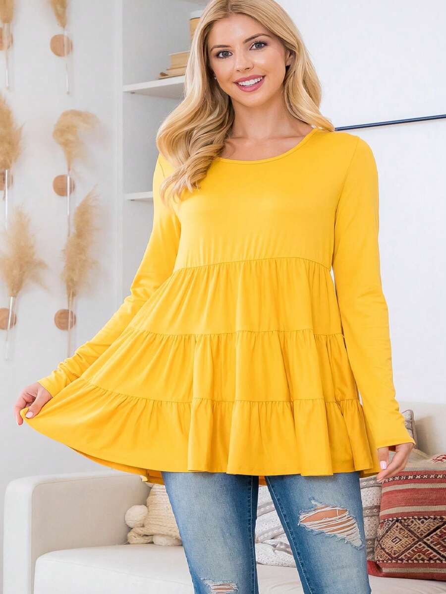 Solid Long Sleeve Tiered Top - DIJON - View 1