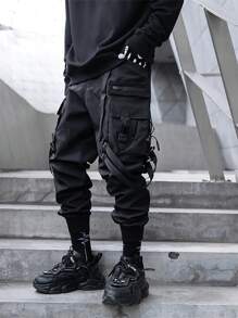 Men's Black Paratrooper Multi Pockets Pants Techwear Streetwear Polyester Blend Strapped Joggers - 黑色 - 查看 7