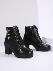 Giày bốt mùa đông cổ điển mới có khóa kéo bên hông dành cho nữ, giày bốt buộc dây màu trơn có gót cao siêu dày, mùa thu/đông - màu đen - Xem 7