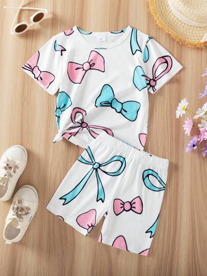 Young Girl' Casual Summer Outdoor Bow Decor Short Sleeve Top And Shorts Set