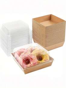 10/12/15/20 piezas Cajas de papel para charcutería con tapas transparentes, cajas de galletas marrones, cajas de postres, recipientes desechables para alimentos para sándwich, rebanada de pastel, magdalena, fresa cubierta de chocolate, accesorios de cocina, suministros de repostería, organización y almacenamiento de cocina