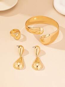 1 Vòng tay mở hình học, 1 chiếc nhẫn mở và 1 đôi bông tai mặt dây chuyền hình giọt nước Bộ trang sức phóng đại kiểu cổ điển dành cho nữ - Vàng - Xem 4