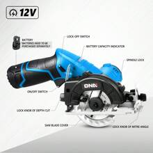 12V Compact Cordless Circular Saw With 85mm 20T Blade And Hex Key, Adjustable Cutting Depth/Angle, Blue (Tool Only)