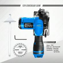 12V Compact Cordless Circular Saw With 85mm 20T Blade And Hex Key, Adjustable Cutting Depth/Angle, Blue (Tool Only)