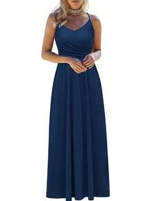 GOOTUCH V-Neck Double-Layered Criss-Cross Ruched Dress With Shoulder Straps - Royal Blue - View 4