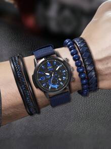 LIANDU LIANDU 1 Set Reloj de hombre con calendario, estilo casual deportivo y de moda, esfera redonda, reloj de cuarzo y pulsera de cuero para hombre, set de pulsera punk, pulsera envolvente tejida de PU perfecta para uso diario, regalos de cumpleaños, fiestas, reuniones festivas y como regalo ideal para ti o tus amigos. Cajas no incluidas.