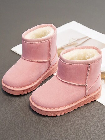 2024 年新款儿童冬季雪地靴，纯色加厚保暖毛绒冬鞋，适合男孩和女孩，适合婴幼儿，适合冬季滑雪和户外活动，（随机印花鞋底）