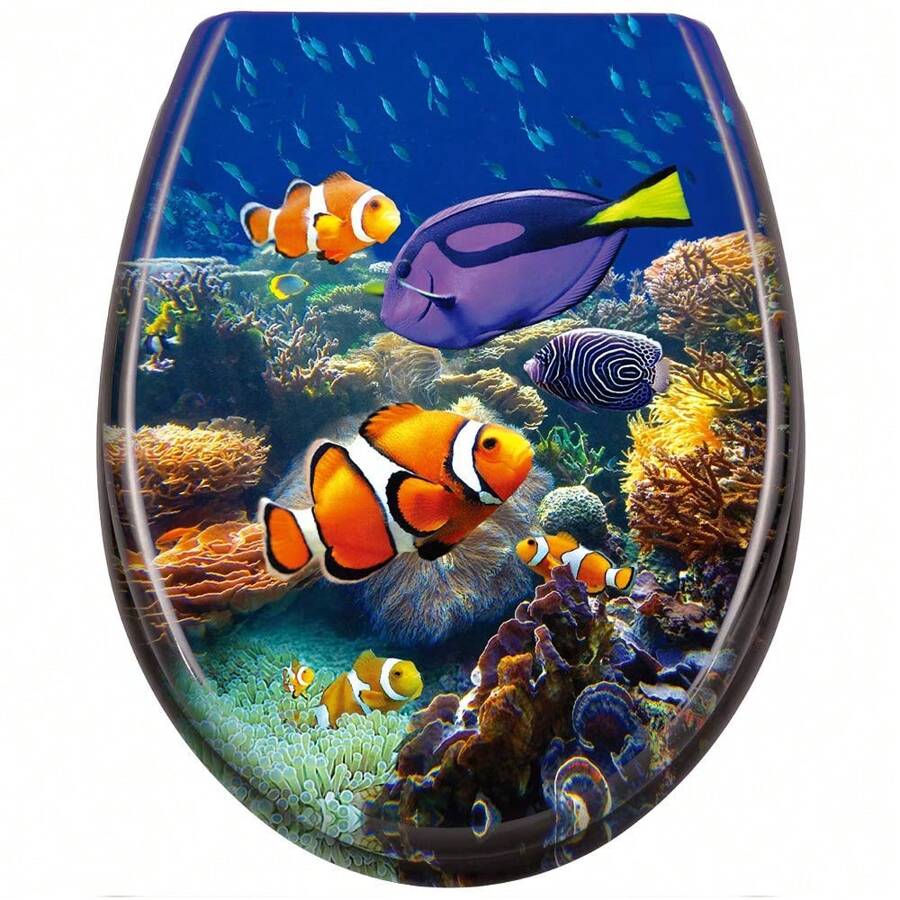 LILIIN 45 X 38cm Underwater World Pattern Toilet Lid WC Seat With Soft Close Made Of Duroplast And Stainless Steel, Antistatic, Antibacterial, Easy To Clean, Removable For Most Toilet Lids, Wall-Mounted WC