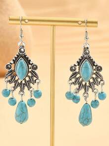 1 Cặp Hoa tai hình học tua rua lá ngọc lam phong cách Bohemian cổ điển dành cho nữ - bông tai màu ngọc lam - Xem 2