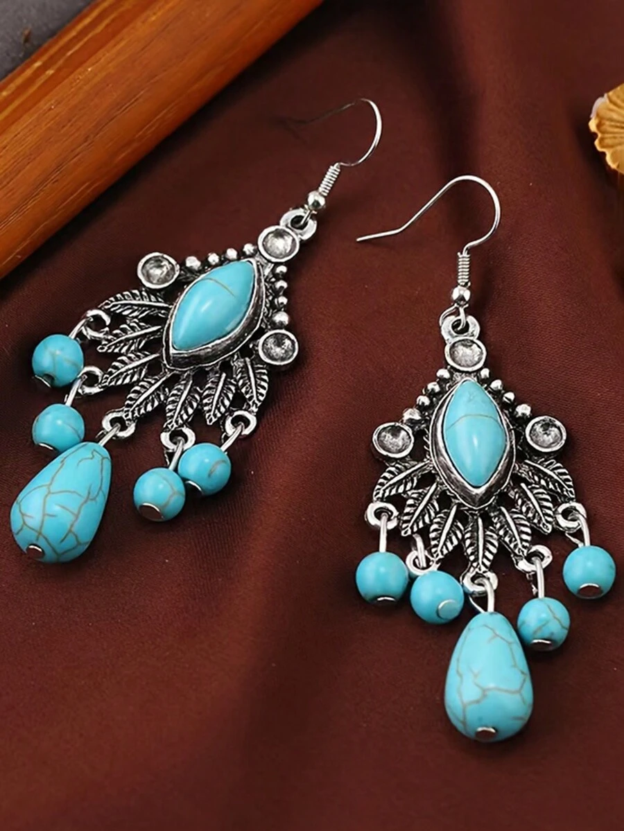 1 Cặp Hoa tai hình học tua rua lá ngọc lam phong cách Bohemian cổ điển dành cho nữ - bông tai màu ngọc lam - Xem 1