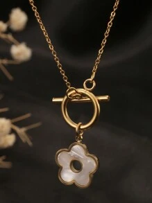 1pc Stainless Steel Ot Clasp Seashell & Five-Petal Style Necklace With Mother Of Faux Pearl & Flower Pendant, Perfect For Women's Party Attire And As A Birthday Gift For Girlfriend Valentines,Mom,Mother,Mother's Day,Gift - Yellow Gold - View 1