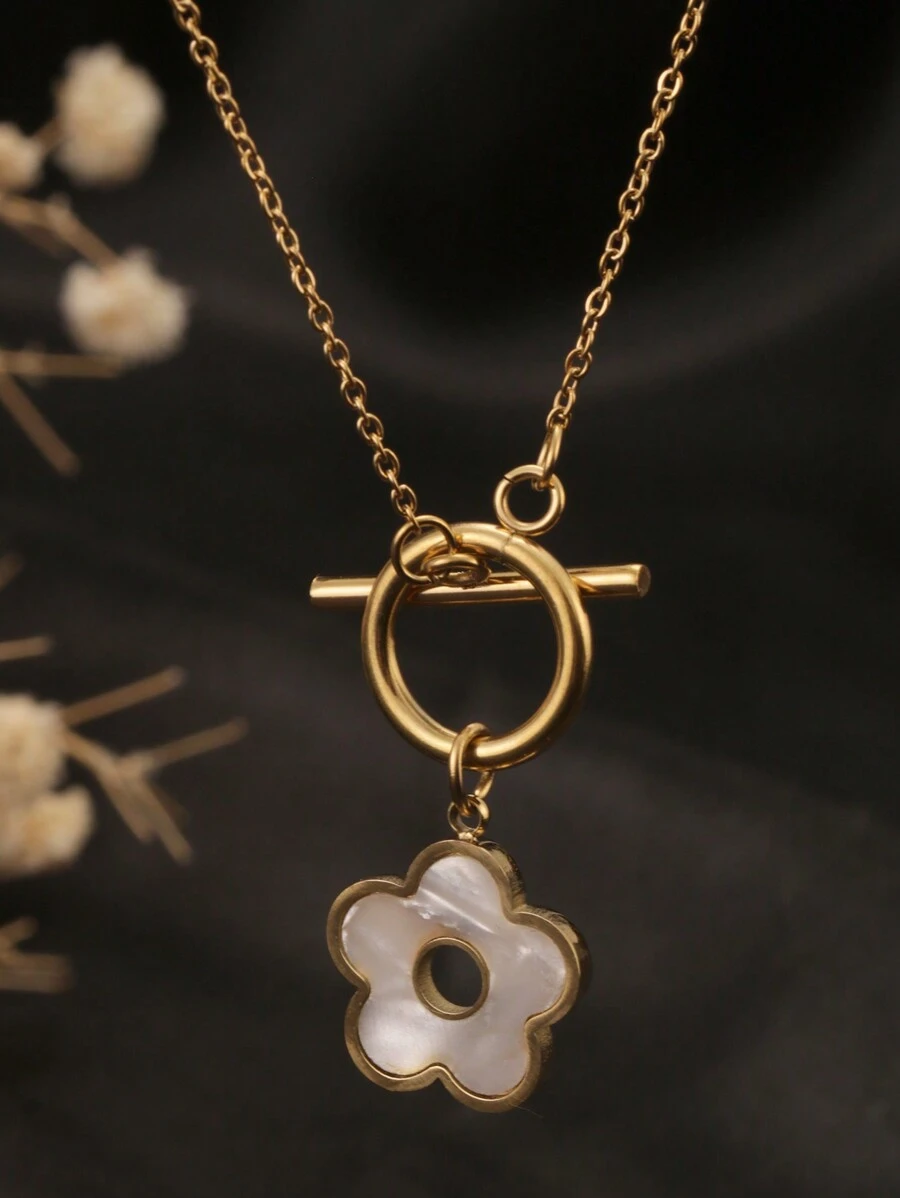 1pc Stainless Steel Ot Clasp Seashell & Five-Petal Style Necklace With Mother Of Faux Pearl & Flower Pendant, Perfect For Women's Party Attire And As A Birthday Gift For Girlfriend Valentines,Mom,Mother,Mother's Day,Gift - Yellow Gold - View 1