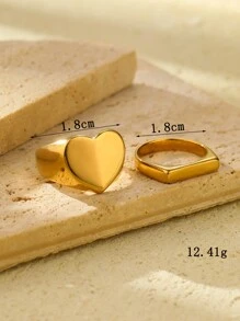 2pcs Stainless Steel Gold-Tone Rings, Fashion Minimalist Style, Heart-Shaped Cast Ring And Smooth Rectangular Ring Set, Suitable For Daily Wear Or Gift - Yellow Gold - View 3
