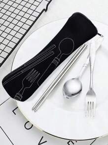 1PC Cutlery Storage Bag,Zipper Cutlery Storage Bag Stainless Steel Spoon And Chopsticks Travel Portable Multicolor Bag, Reusable Flatware Storage Pocket ,Perfect For Outdoor Travel Camping OfficeInsulatedLunch BagWomanLunch Box Bag For Women LadiesSchool Supplies Stuff Accessories - Black and White - View 3