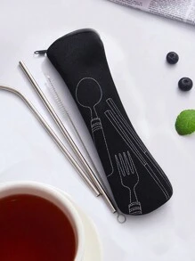 1PC Cutlery Storage Bag,Zipper Cutlery Storage Bag Stainless Steel Spoon And Chopsticks Travel Portable Multicolor Bag, Reusable Flatware Storage Pocket ,Perfect For Outdoor Travel Camping OfficeInsulatedLunch BagWomanLunch Box Bag For Women LadiesSchool Supplies Stuff Accessories - Black and White - View 4