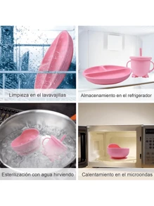 Juego de Platos y Cubiertos para Bebé de Silicona, Set de 8 Piezas Libres de BPA, Babero, Plato, Tazon y Cubiertos, Seguros y Resistentes, juego de vajilla para niños - Rosa - Ver 8