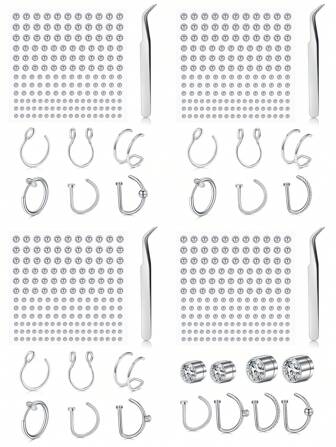 CIZME Set de 8 piezas de piercing falsos, incluye anillo falso de nariz, falsos piercings de nariz, falso septum, anillo falso de labio, pasador de nariz falso, gemas de adhesivo para la cara, falso piercing de ceja, falso stud de labret y clip para piercing falso de nariz