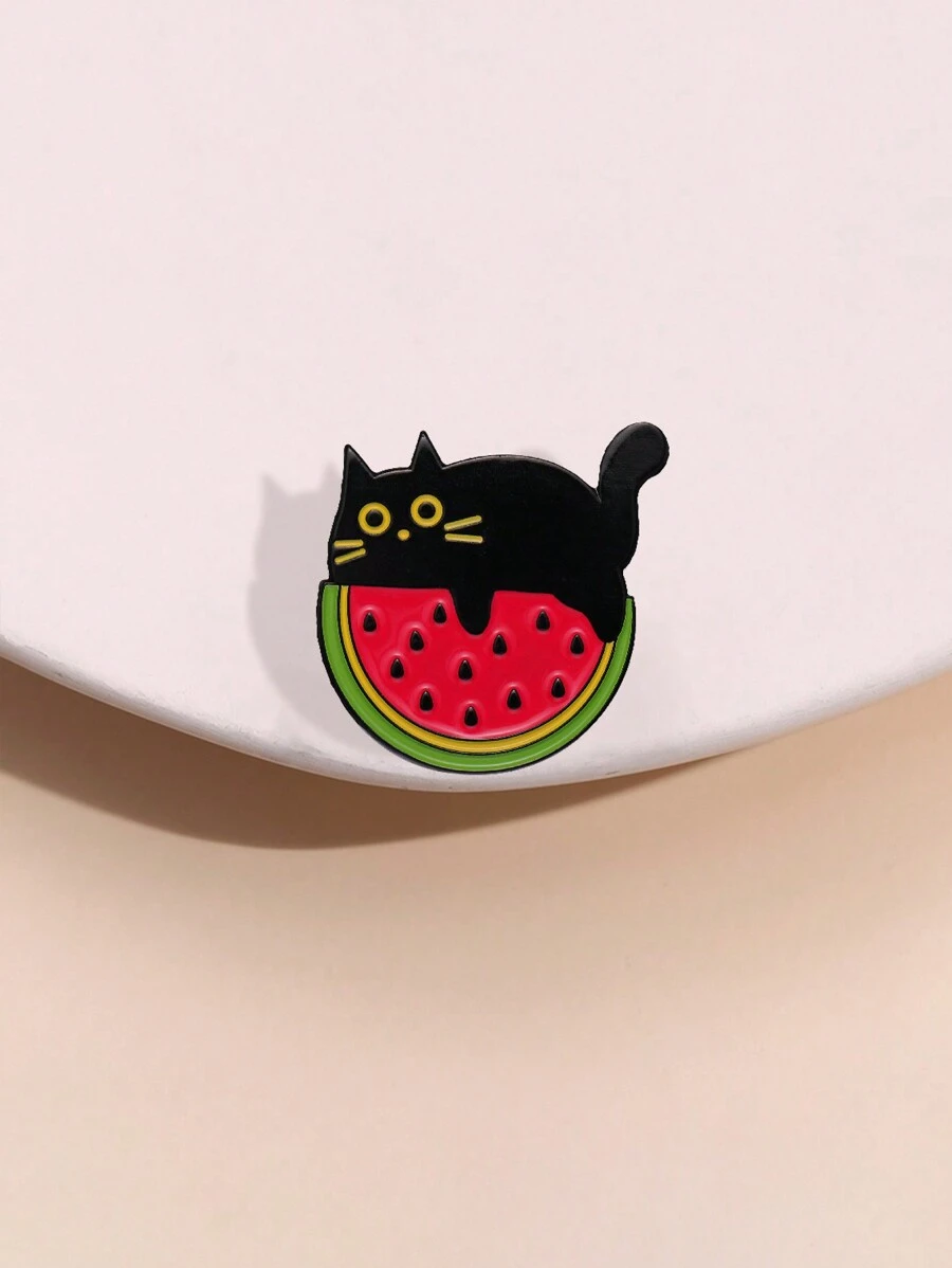 1pc Cute Watermelon & Black Cat Shaped Brooch, Suitable For Both Men And Women Daily Wear - Multicolor - View 1