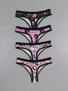 Bộ 4 quần lót ren phối màu gợi cảm, dễ thương phong cách Gothic dành cho nữ của Dircho, họa tiết Halloween màu hồng đen với hình mắt, đầu lâu, sao và nhện, chất liệu mềm mại, thoải mái, thích hợp cho đồ lót nữ. - Nhiều màu - Xem 2