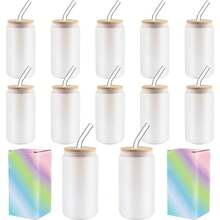 12Pack Sublimation Frosted/ Clear Glass Cups With Bamboo Lid 16oz Glasses Tumbler With Plastic Straw And Brush - 磨砂 - 查看 1