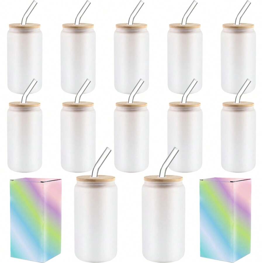 12Pack Sublimation Frosted/ Clear Glass Cups With Bamboo Lid 16oz Glasses Tumbler With Plastic Straw And Brush - 磨砂 - 查看 1