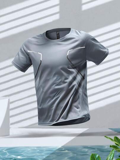 男士运动 T 恤 - 吸湿排汗短袖上衣，宽松版型，印花设计，适合健身、休闲跑步和篮球训练 | 轻质涤纶，圆领